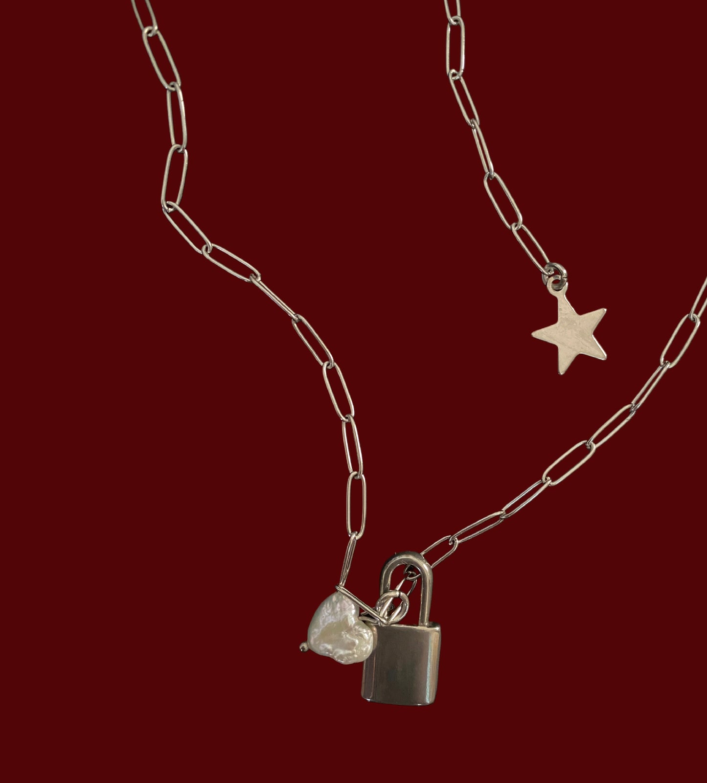 Locked heart pendent, paperclip necklace