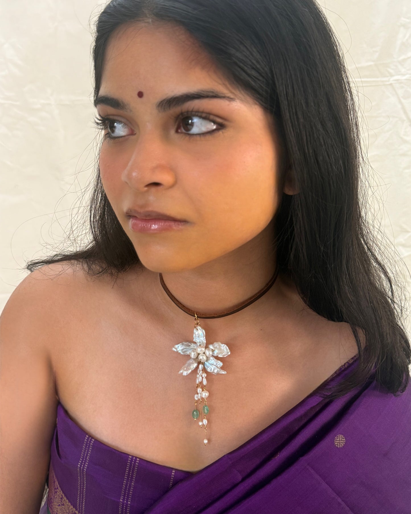 Pearl flower on leather choker { pre order}
