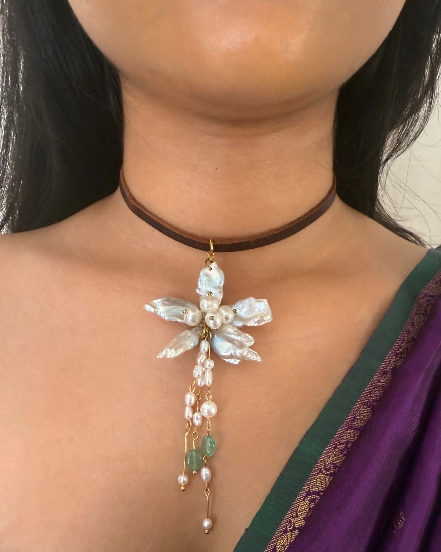Pearl flower on leather choker { pre order}