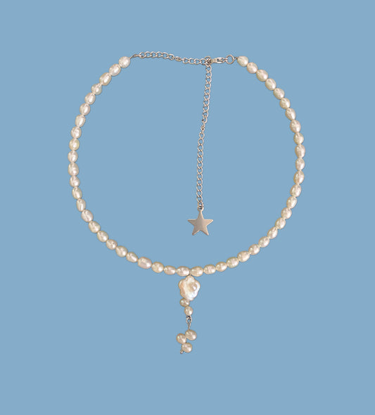 Flower stalk drop pearl choker { freshwater cultured pearl}