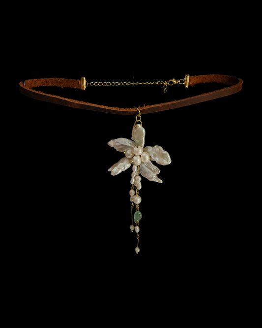 Pearl flower on leather choker { pre order}